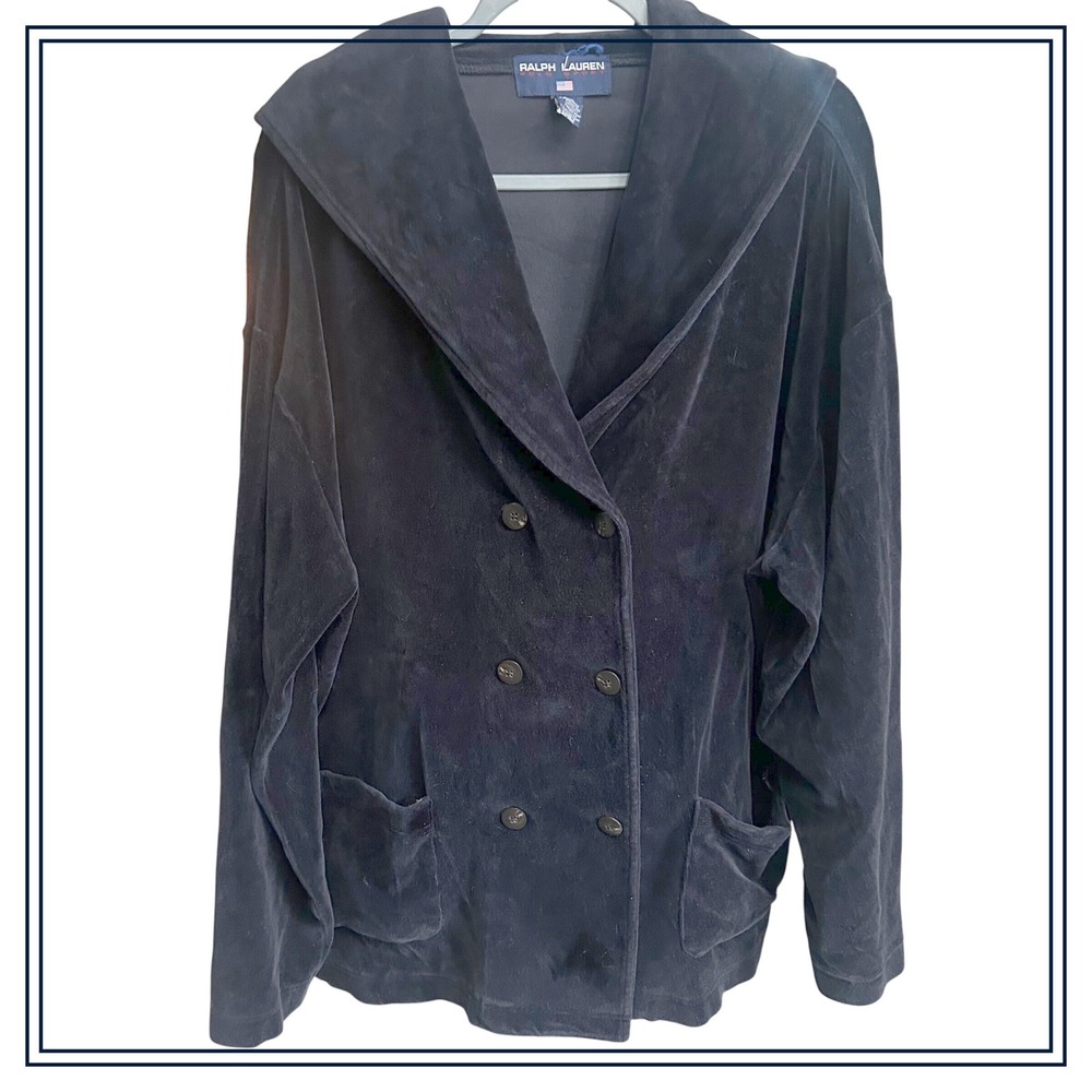 Vintage Ralph Lauren Polo Sport Velour Hoodie Jacket Black Double Breasted Sz. L